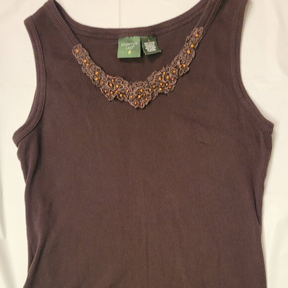 Brown Ribbed Tank Top Embellished Mounain Lake Womens Size L - Picture 8 of 11